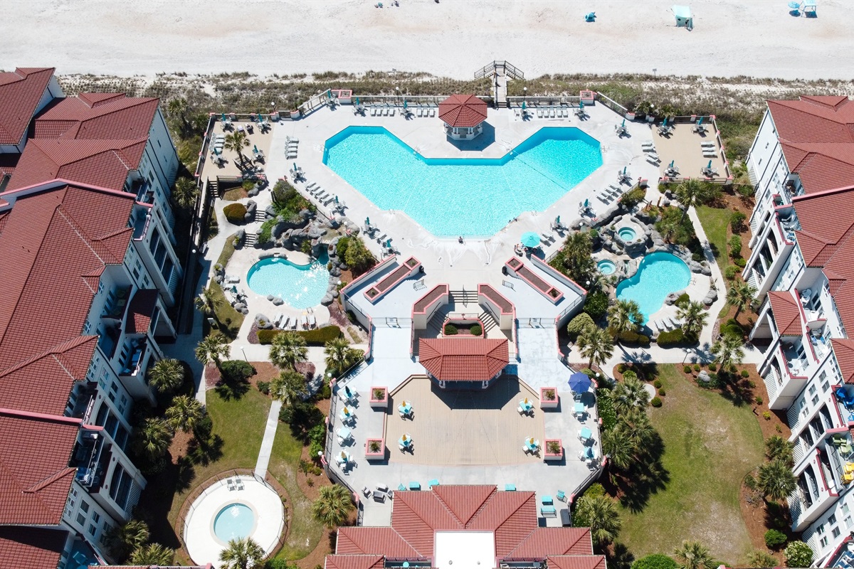 Aerial view of a seaside resort area