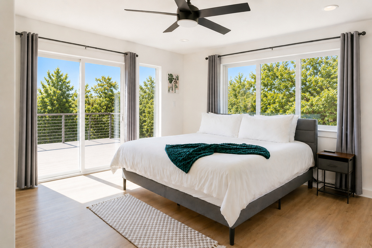 Bedroom 4: king bed with forest views.