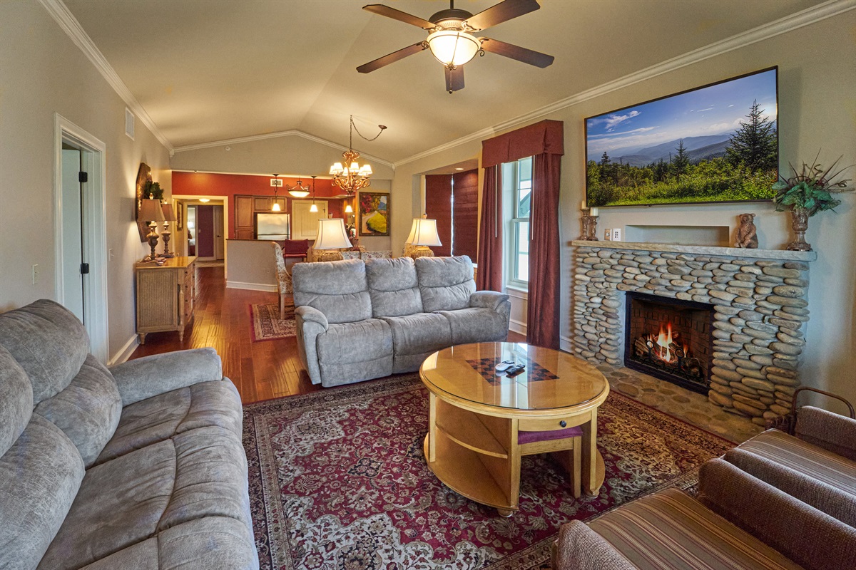 Spacious Area Including Kitchen Dining Area and Living Area With Vaulted Ceiling