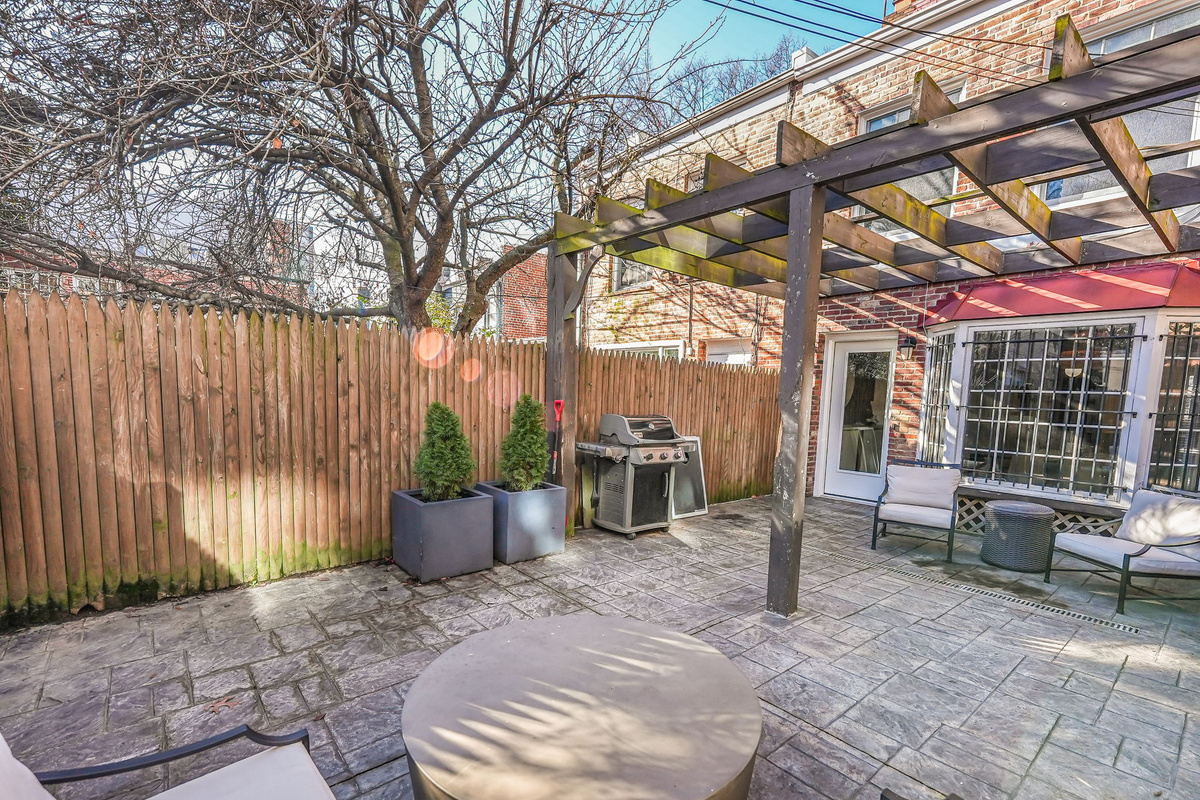 Private Patio: Weber Grill, Restoration Hardware Seating & Table, Cornhole.