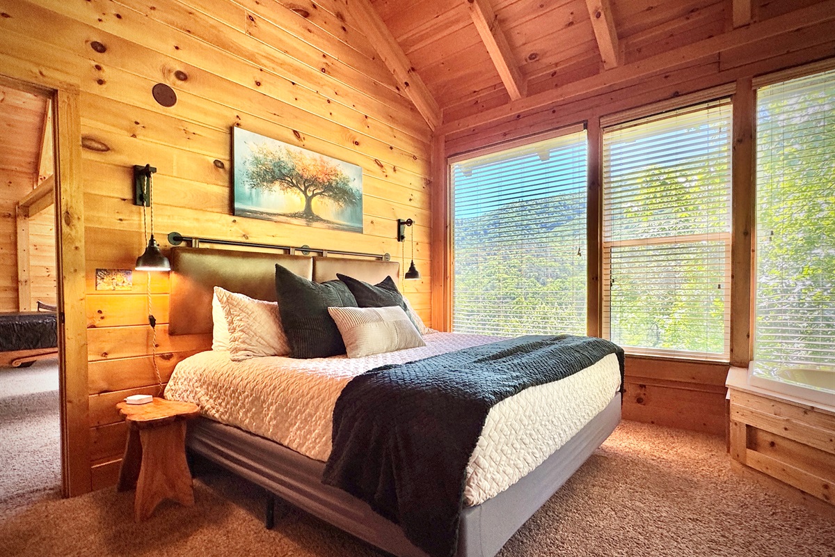 Room #4, Treehouse room, king, upstairs, tub, private bathroom, fireplace and TV.