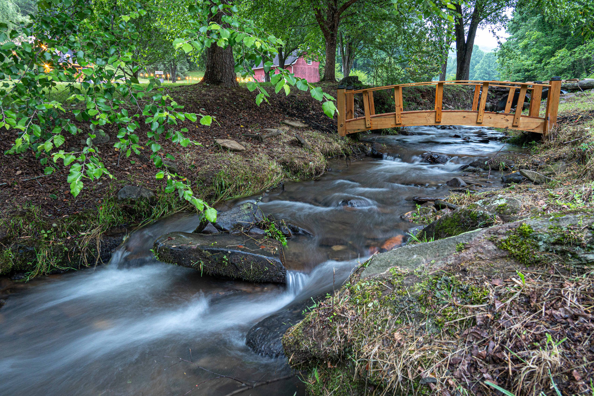Serene Outdoor Escape: Discover tranquility on the charming bridge over the bubbling stream!