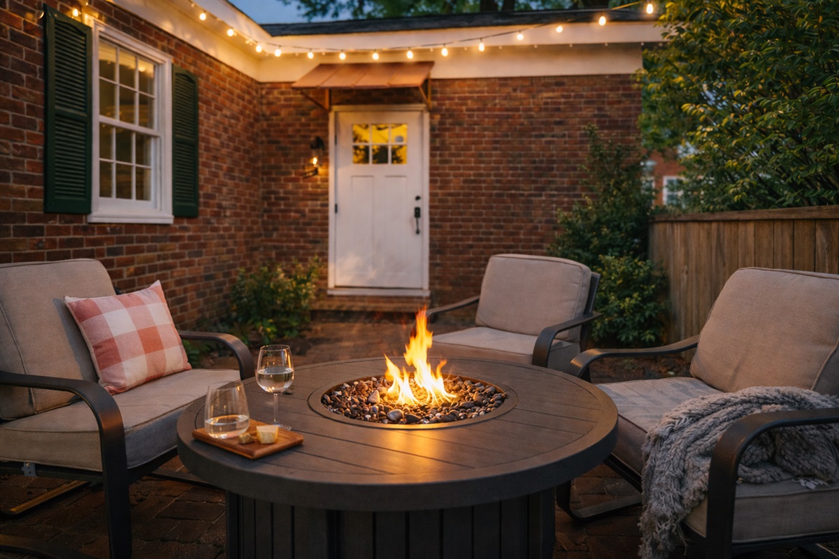 Enjoy evenings on the private patio with a fire table and soft ambient lighting.