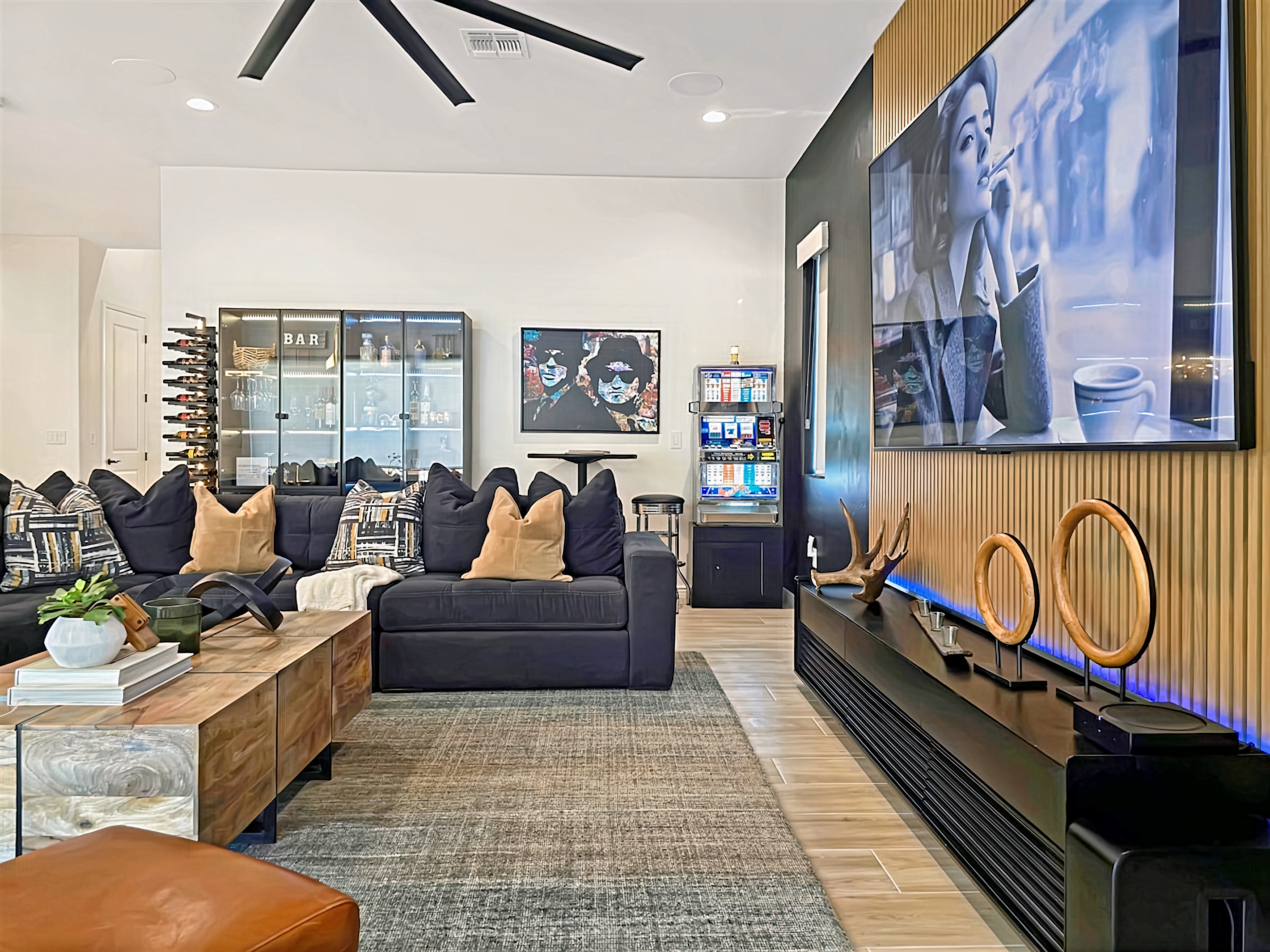 100" HDTV in living area with Sono's home theater surround sound.