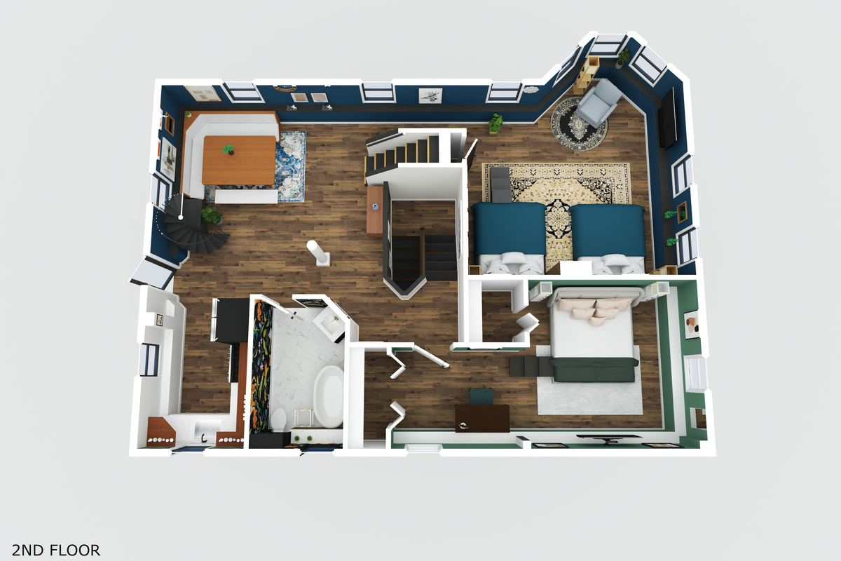 The second floor is home to the King bedroom, 2 Queen Bedroom Open Space, and another full bath, 2nd Kitchen area, with the dramatic open gallery spaces giving Ch&acirc;teau d&rsquo;Art its one-of-a-kind character.
