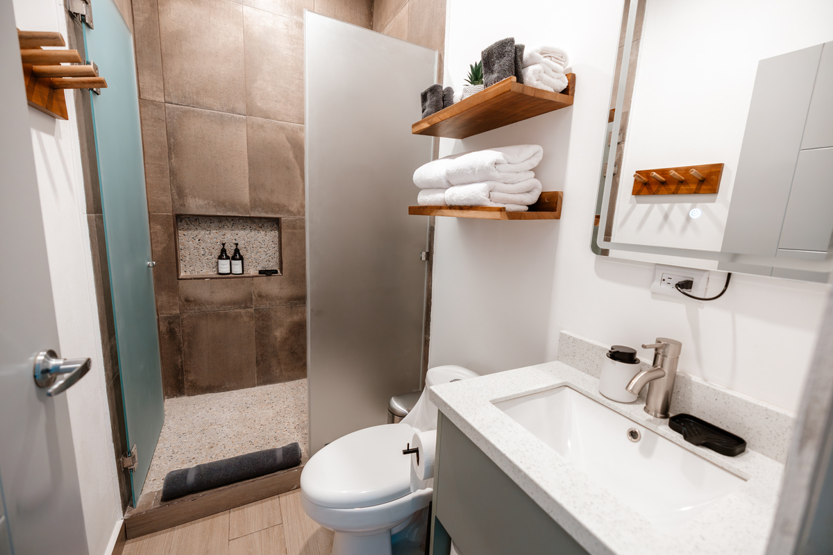 Bath 2. Walk-in shower, frosted glass, quartz vanity.