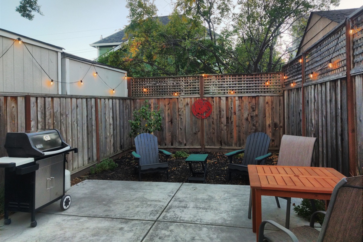 Cozy yard with Adirondack chairs and gas BBQ