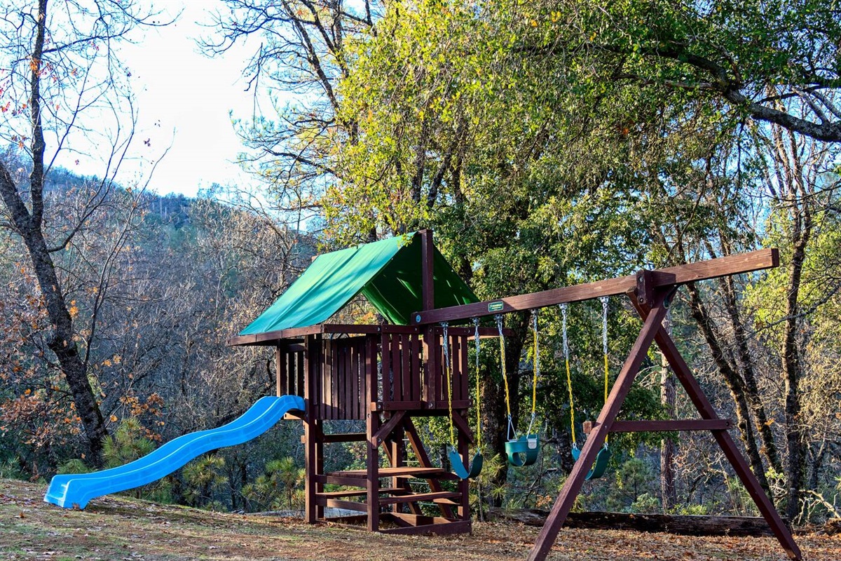 Children will love the wooden play set in the shade of the oak trees