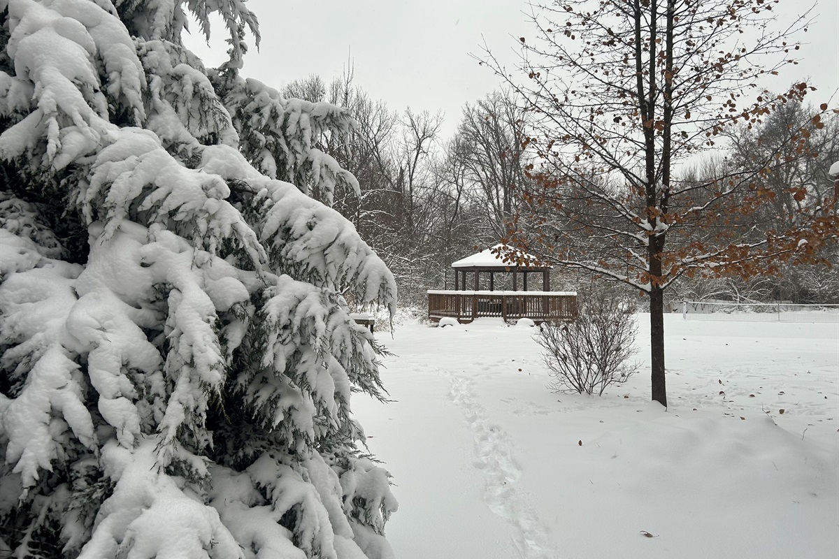 Even though everything might get blanketed in snow, the gazebo is covered and has a fire table to gather around.