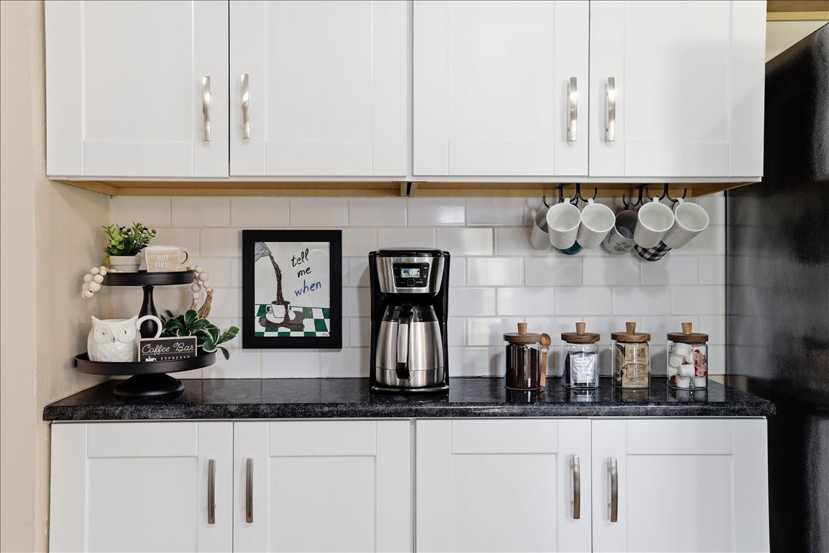 Your morning ritual is sorted! The coffee bar is stocked with a drip maker, French press, mugs and all the fixings