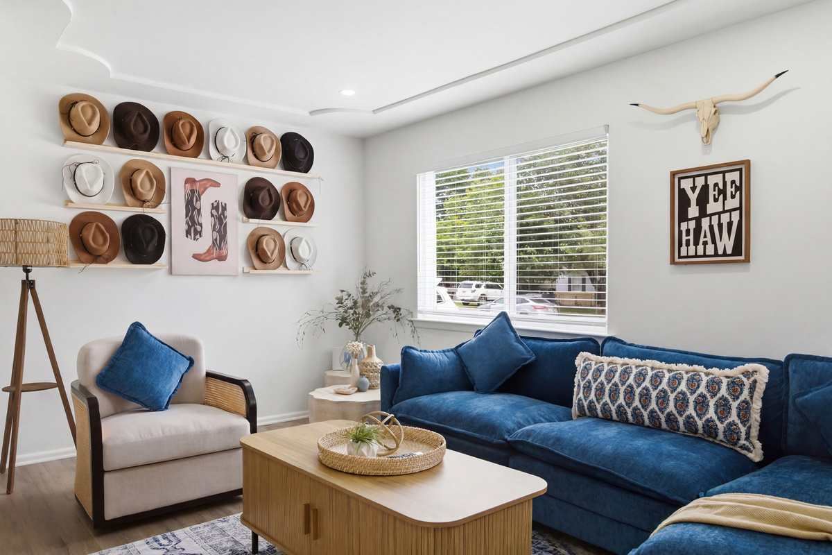 Texas-themed Living Room with cowboy hat gallery wall, plush blue seating, and bright natural light. Perfect for relaxing after a Cowboys game at AT&T Stadium.
