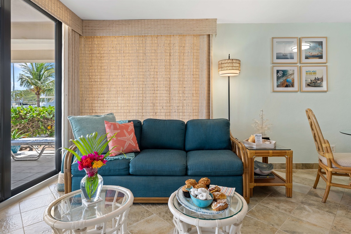 Cozy living area with a comfy couch to unwind after a day in the sun