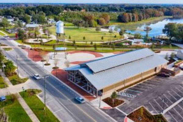 Aerial view of downtown Inverness and Liberty Park.