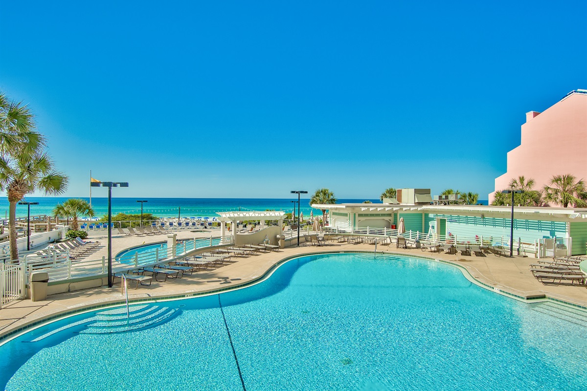 In addition to the Tops'l Summit Pool, Guests also have access to the Gulf Front Tops'l Tides Pools (one heated), Hot Tub