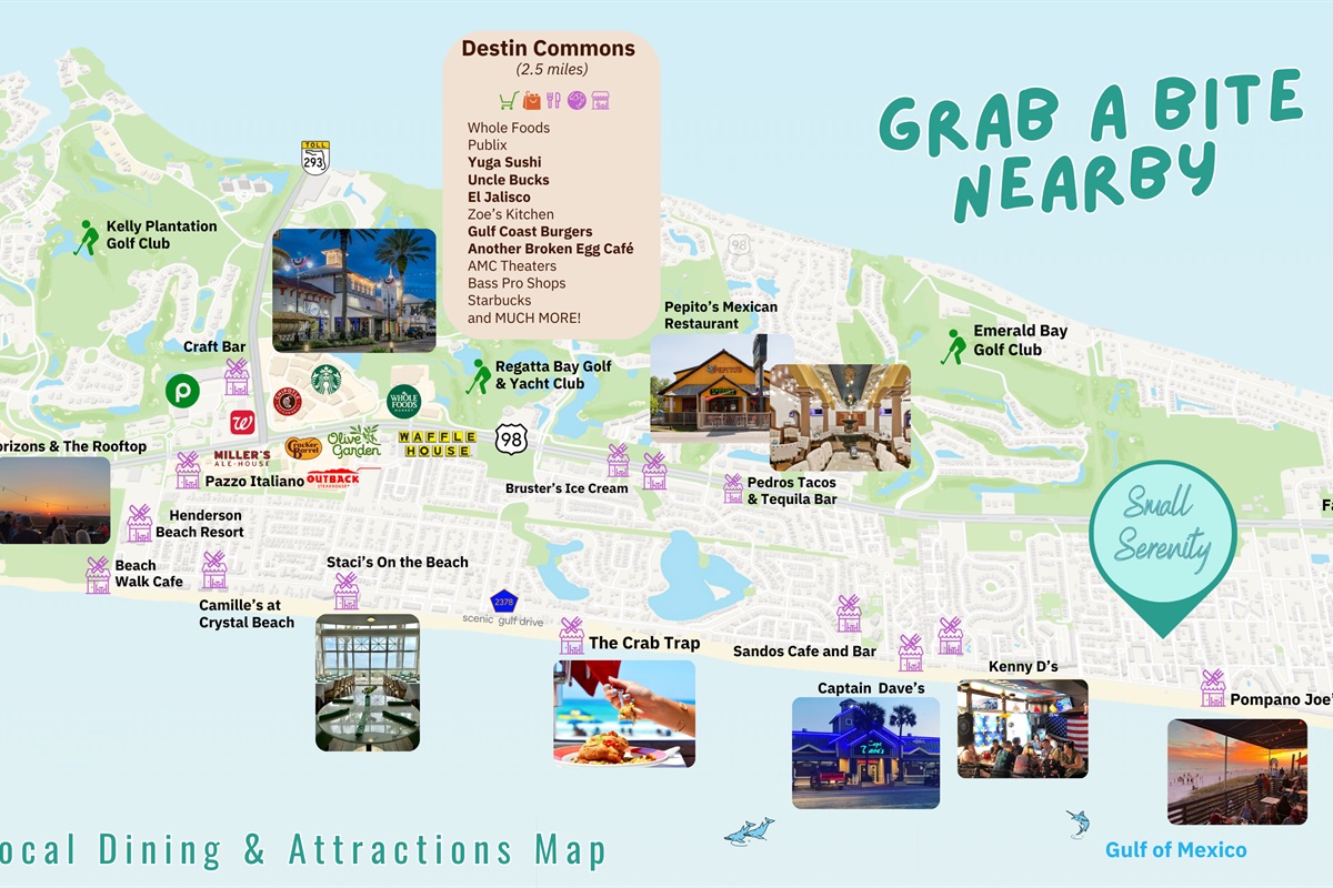 For Small Serenity, MANY restaurants within walking distance or a short drive away including Pompano Joes, Kenny D's, Captain Dave's, Sandos, Whale's Tail, and much more!