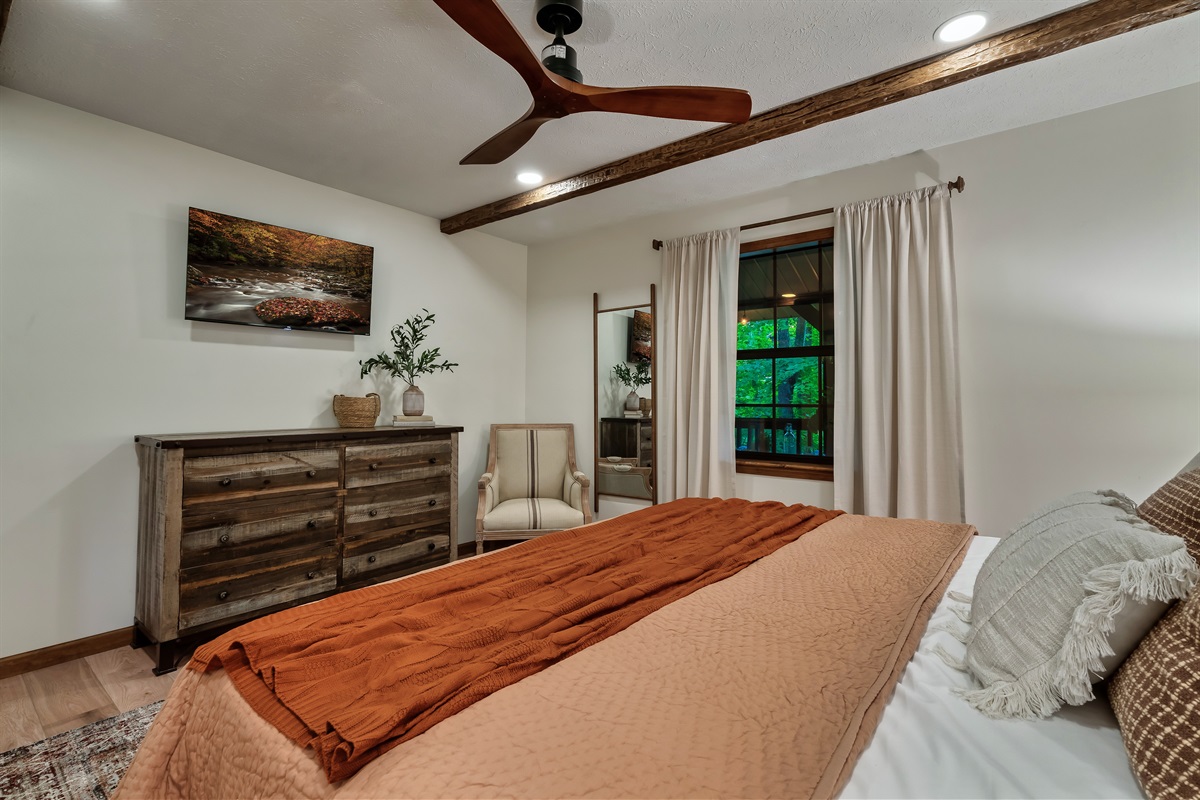 Bedroom has a 43" TV and plenty of room for storage