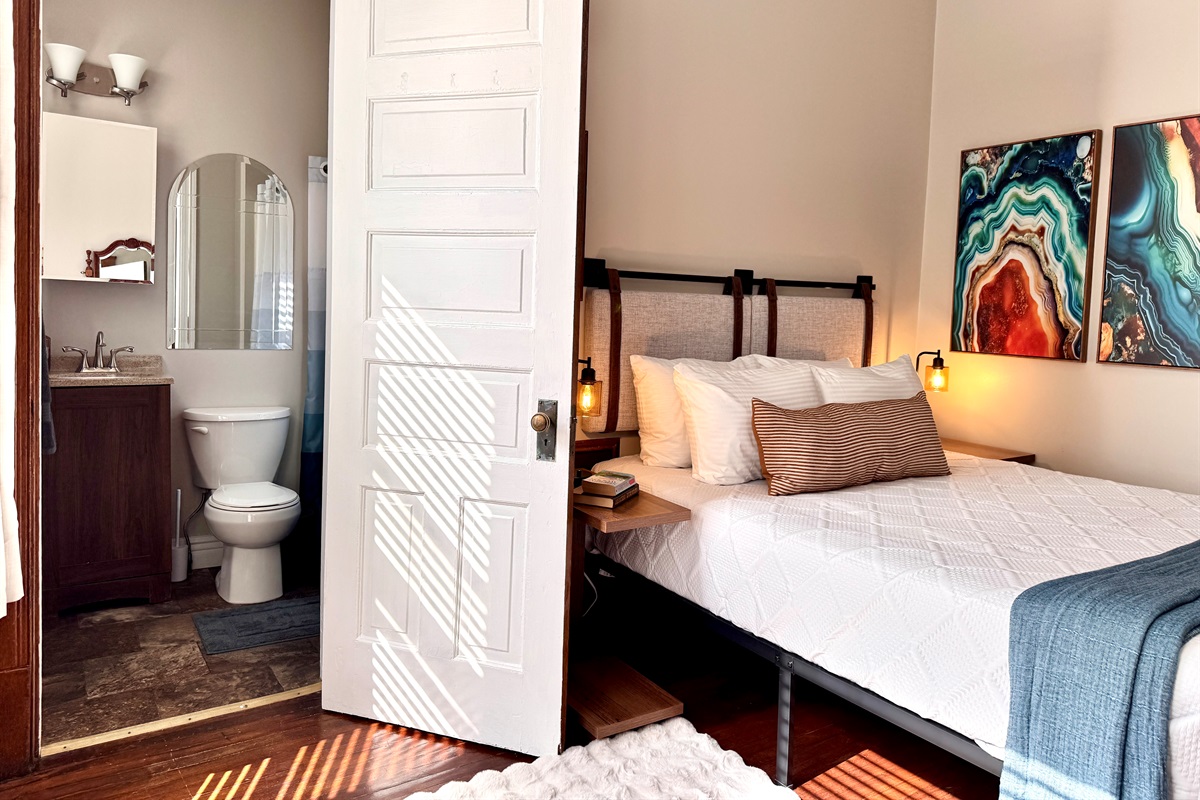 Remodeled and spotless, the on-suite bathroom is well appointed for when nature calls.