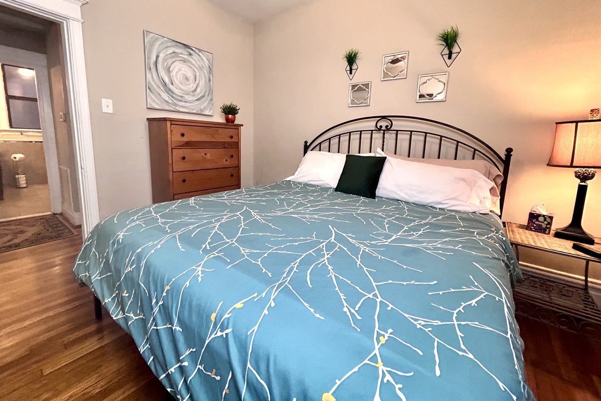 King bedroom with closet and dresser.