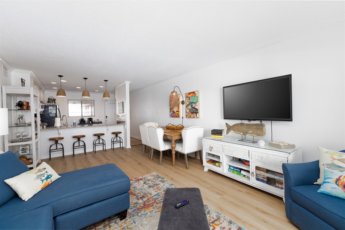 Living room flows right into kitchen
