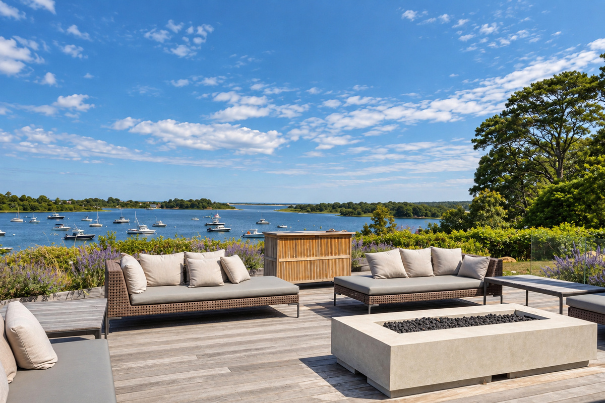 Deck with fire table and pond views
