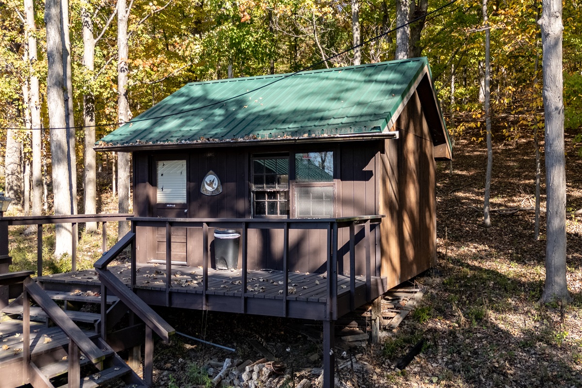 Cabin deck shown from the side with wood siding and tree coverage.