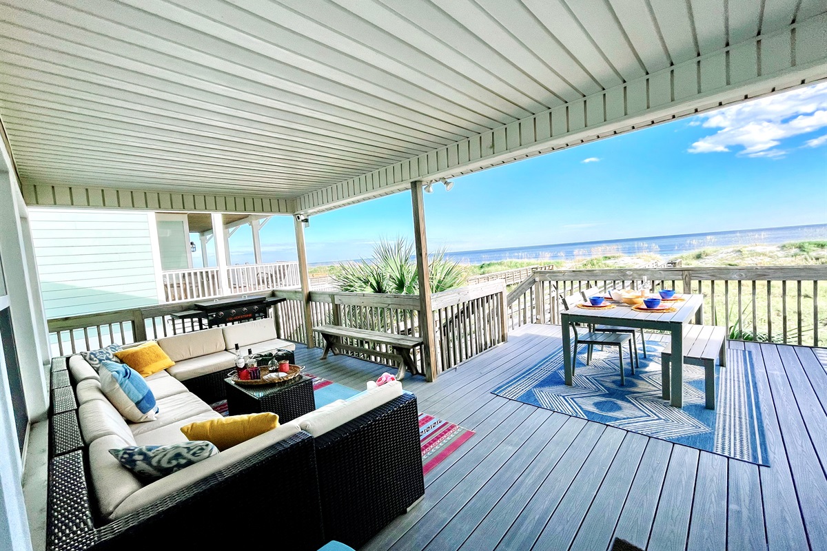 Huge covered porch for those rainy beach days or when you just want to lay and listen to the waves crash