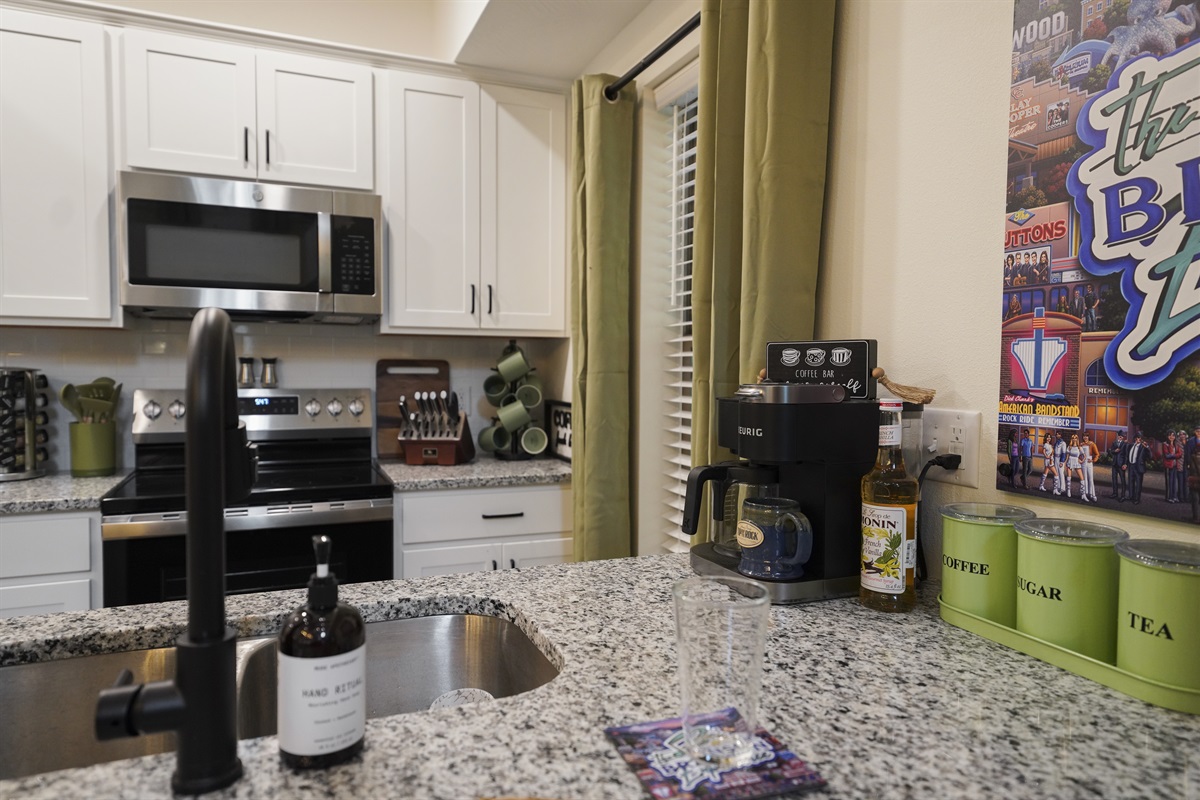 A Keurig Duo to make drip coffee and K-cups. Along with sugar and tea as well