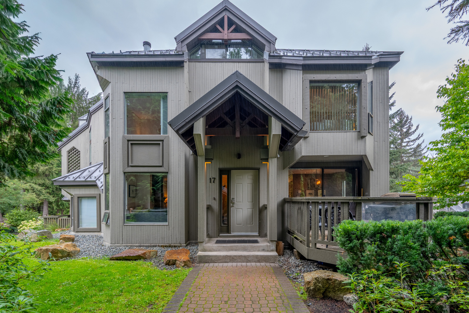 Gables #17 is a private grey chalet-style end-unit townhome in Whistler Village, with its own gabled entry, under a 5-minute walk to Skier's Plaza and the Blackcomb Gondola.