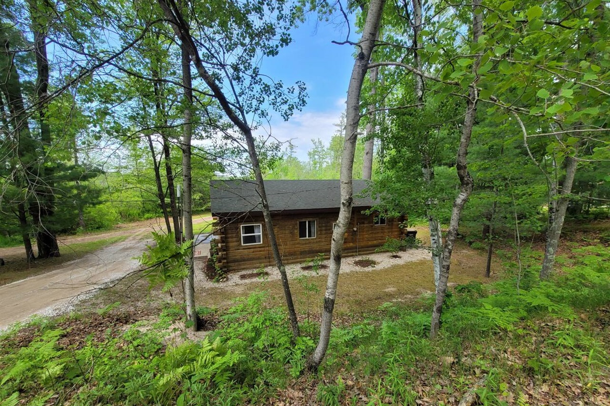 Cabin view from the road.  The cabin sits down a small hill off of the road.