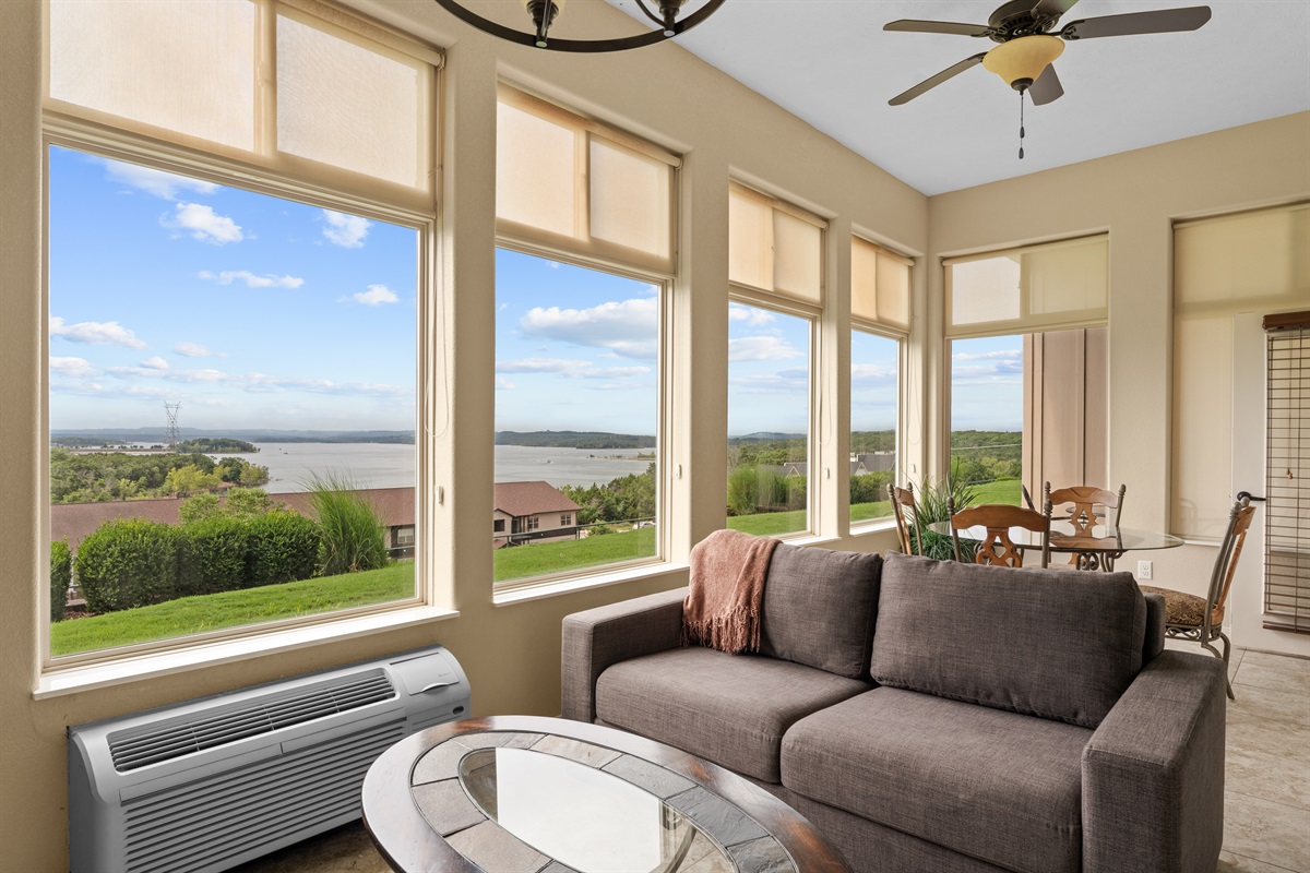 The sunroom lounge is made for slow mornings, sunset chats, and watching the water change color.