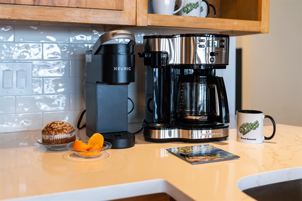 Some ground coffee, Kuerig pods, Stevia and Sugar to get you started your first morning.  Get up early and enjoy the sunrise.