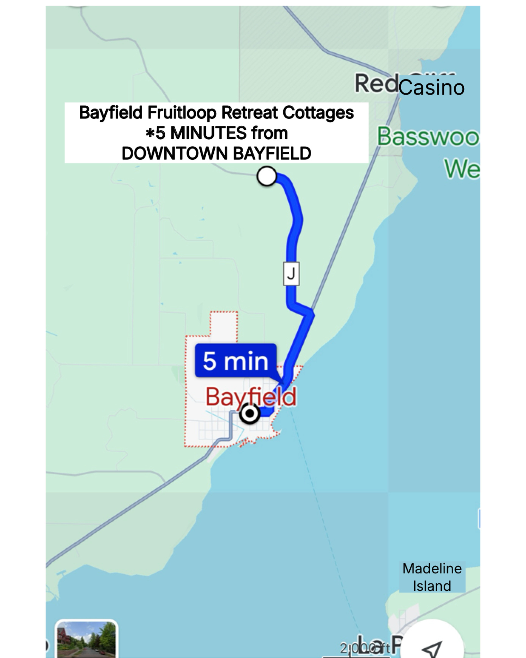 Only 5 minutes from downtown Bayfield. While the cottages give privacy tucked into the woods only minutes from all the activities of Bayfield and area
