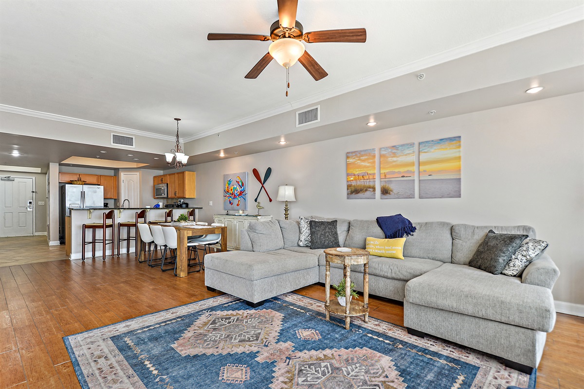 Living, dining, kitchen.