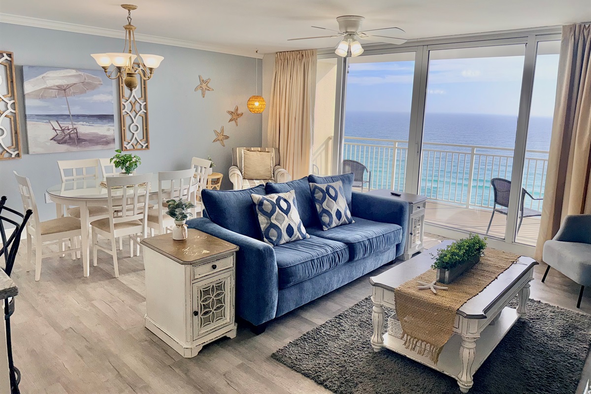 Beachfront Living Room with Floor-to-Ceiling Gulf Views • New 2025 Queen Sleeper Sofa • Smart TV • Direct Balcony Access