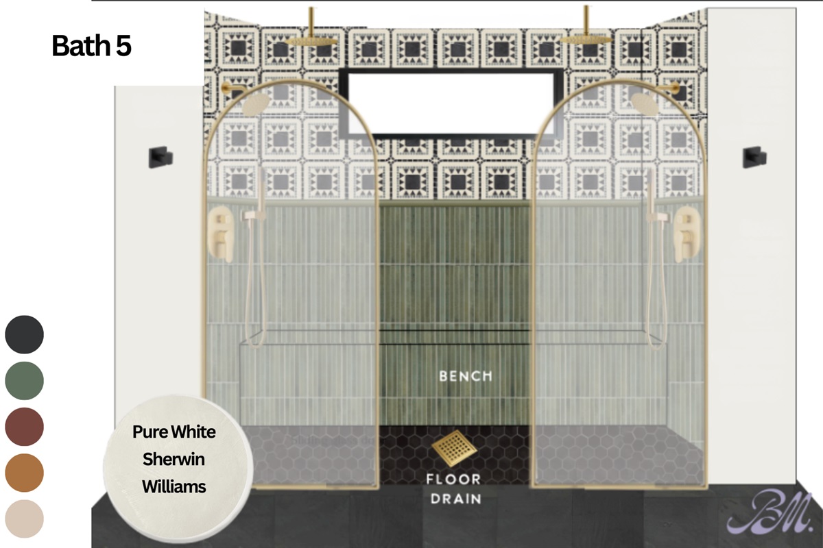 Spa-style shower with rainfall heads, bench seating, and bold tile design.