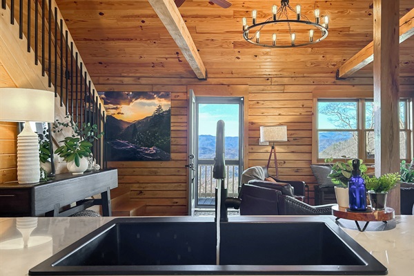 Washing dishes in the farmhouse sink isn't half bad with a view of the mountains.