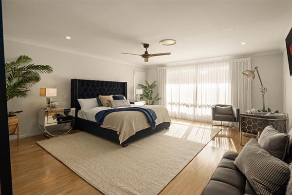 King-sized comfort with soft textures and refined coastal styling.