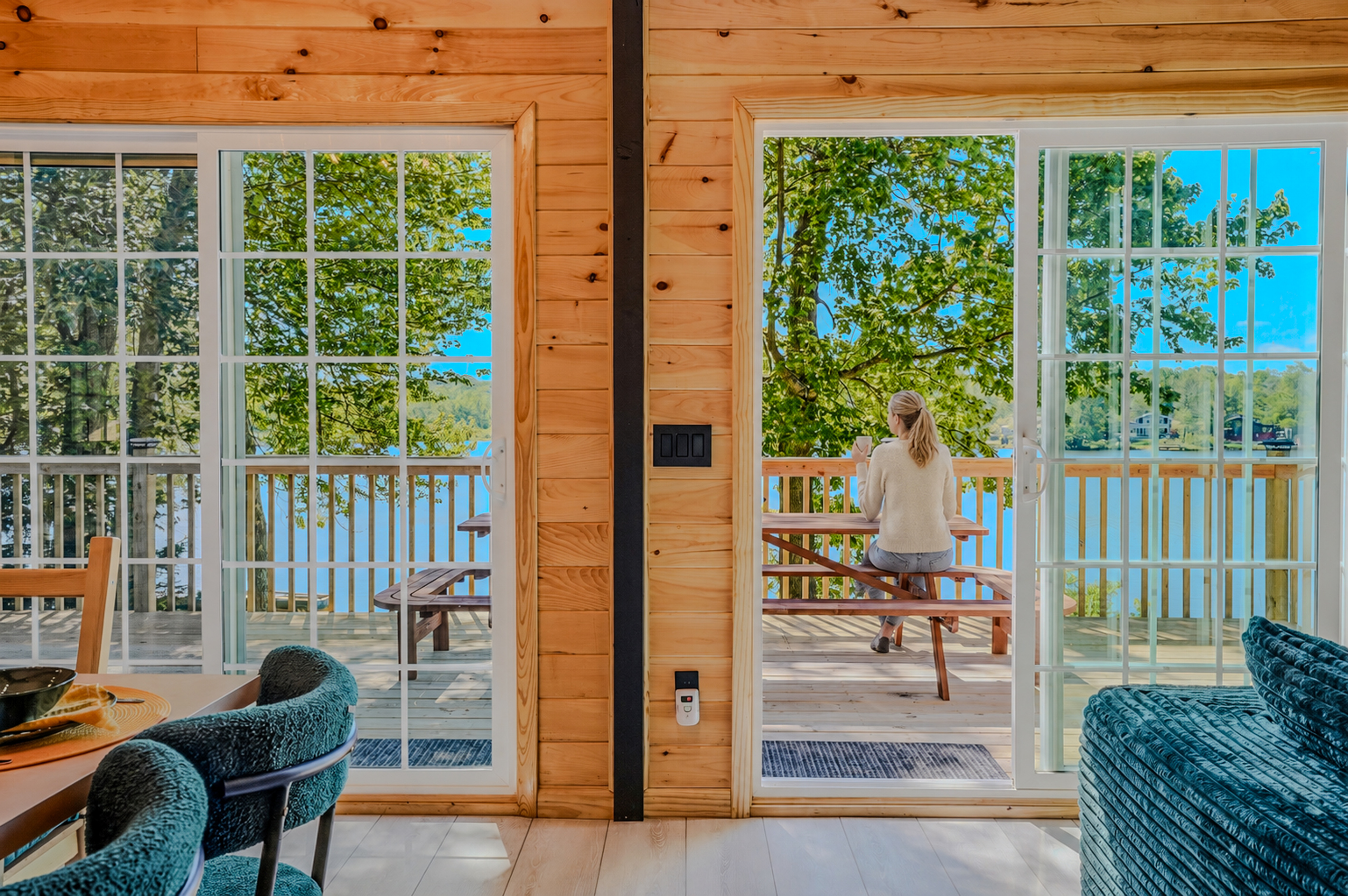  Sliding glass door framing the upper deck and Lake Carobeth — the view that greets you every morning