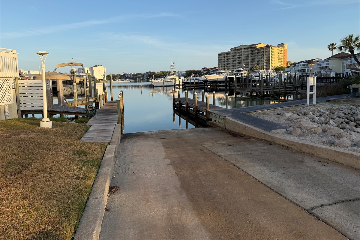 View of Sandpiper Cove’s boat ramp into Destin Harbor