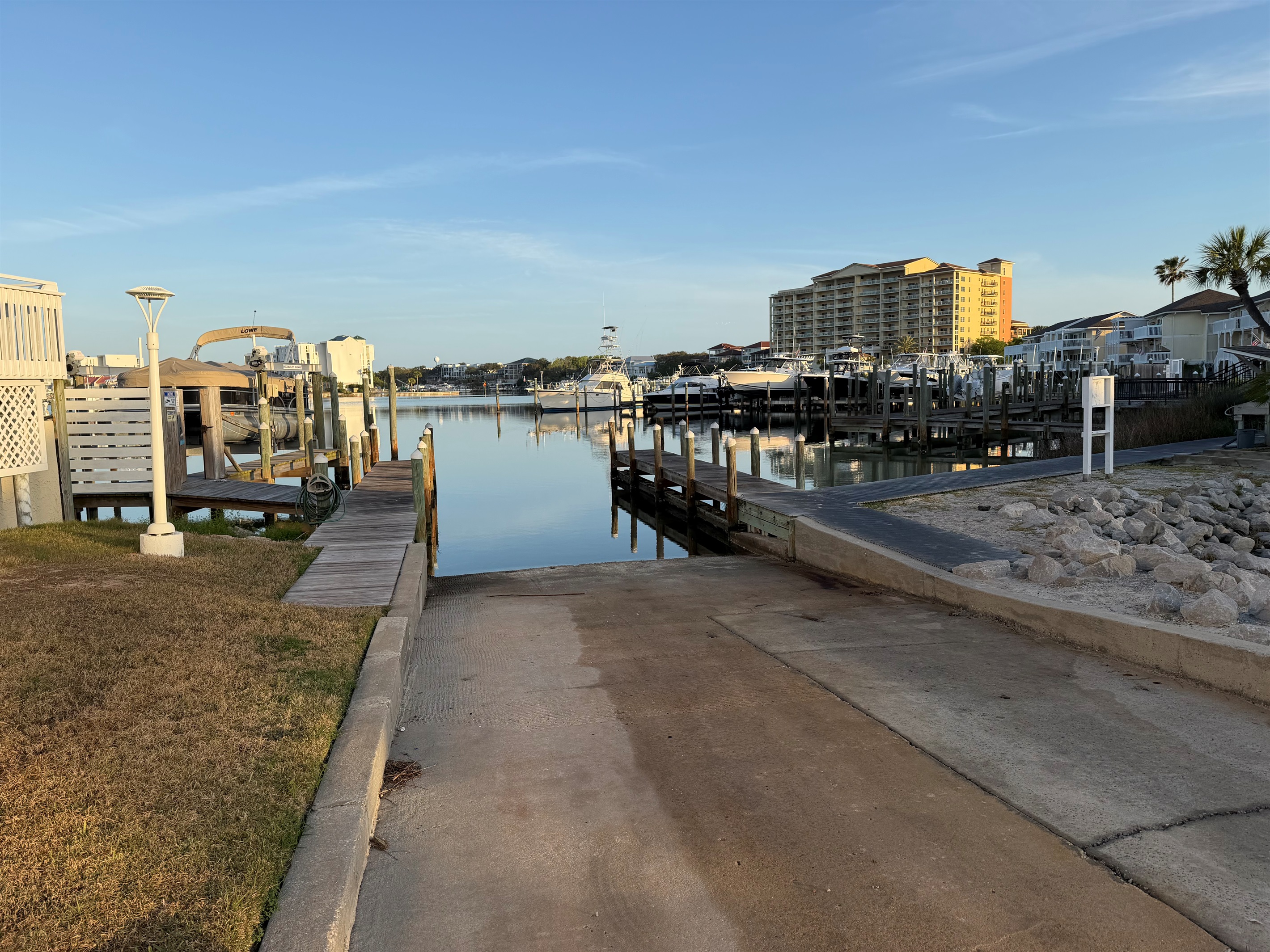 View of Sandpiper Cove’s boat ramp into Destin Harbor