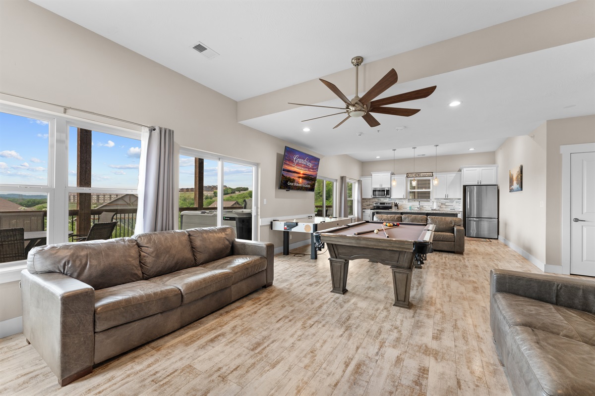 Game Room with Pool Table, Air Hockey Table, 3 Big Couches, and 75" TV!