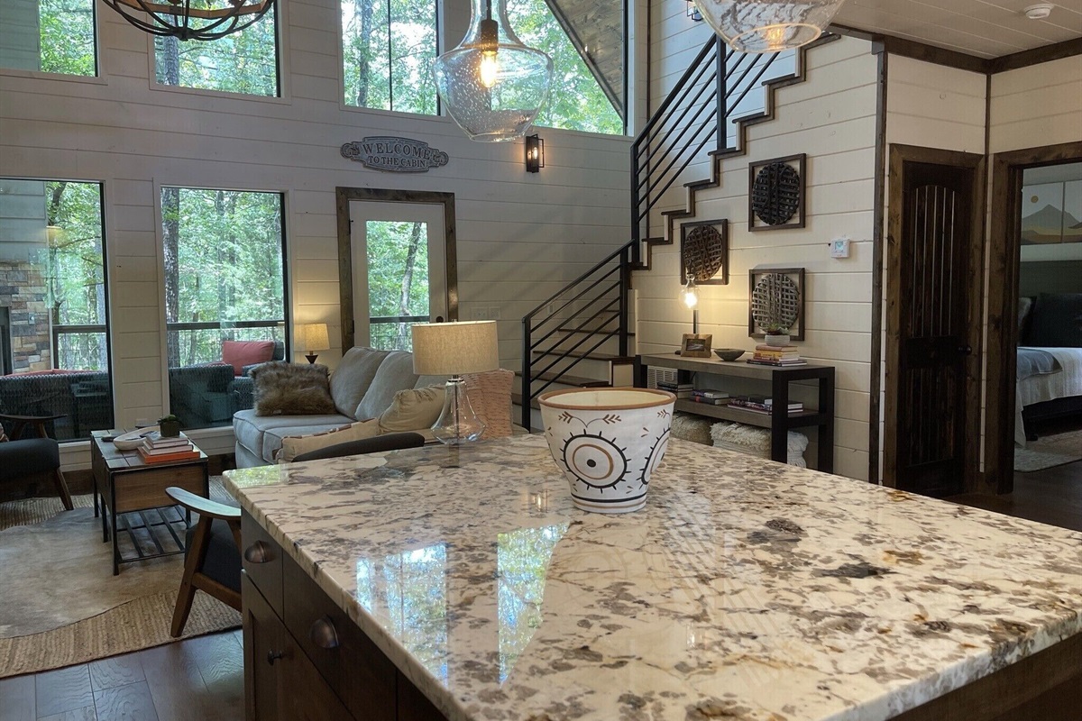 View over the island into the comfortable living room.