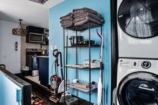Towel sheets to wrap up in after using the hot tub. Washer and Dryer with Tide free n clear and bounce. Expandable laundry basket, iron, ironing board (in closet).