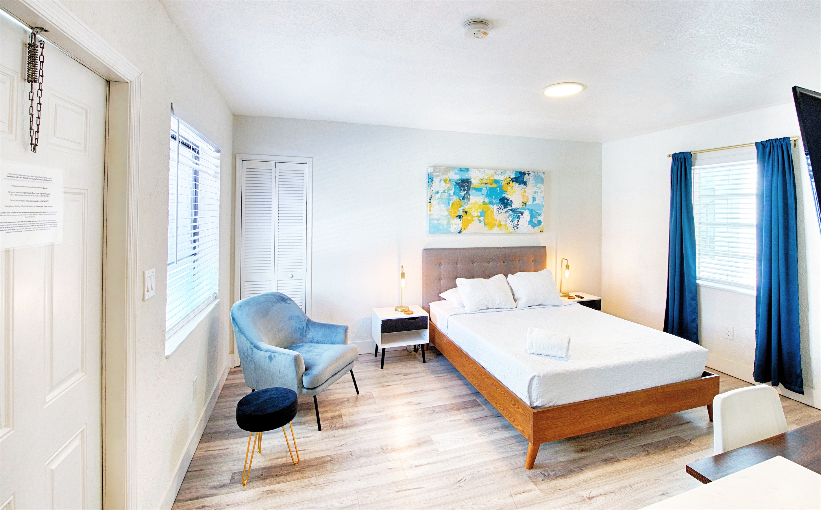 Your bright studio comes with a queen bed and lounge chair.