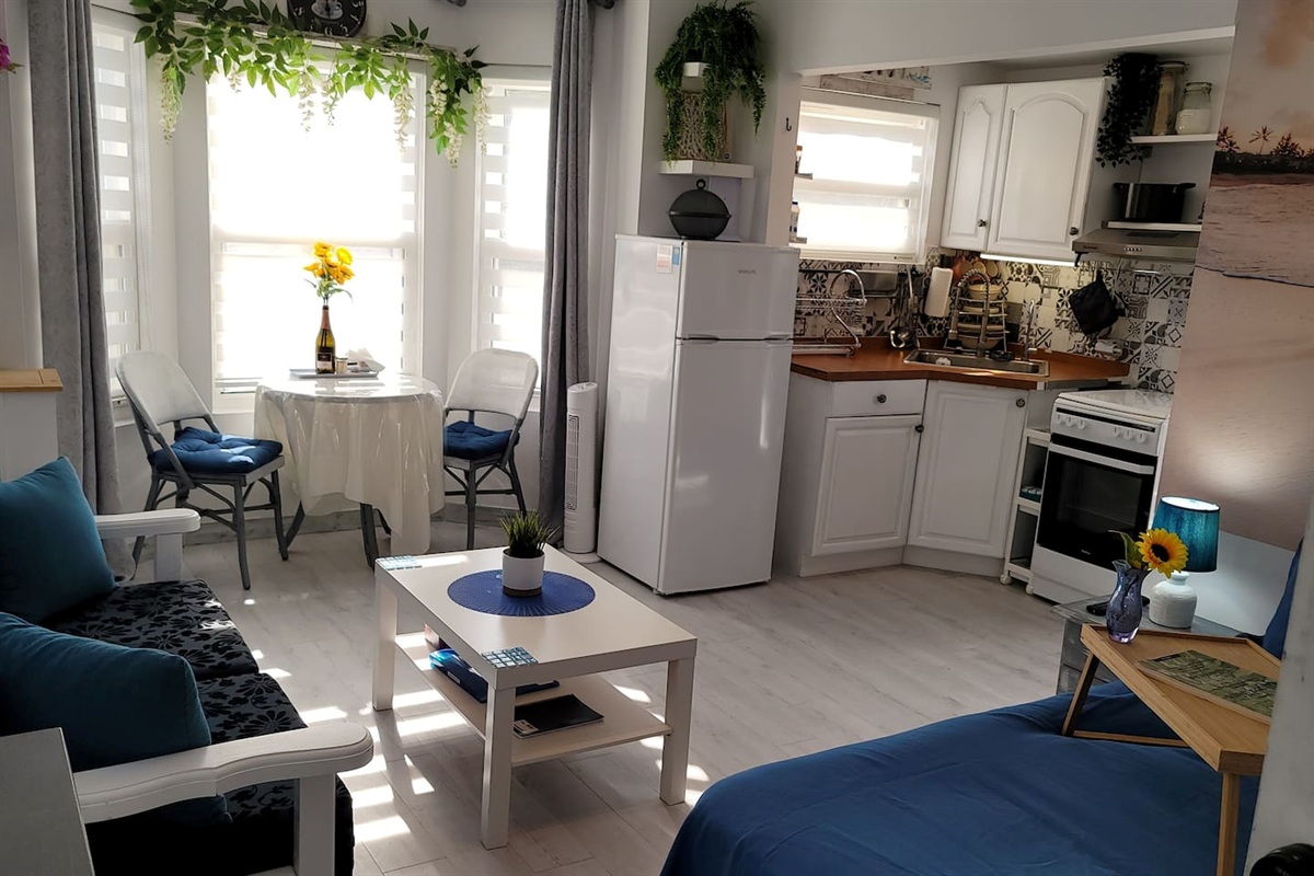 Living area with sofa that converts to 2 single beds, dining area and full kitchen