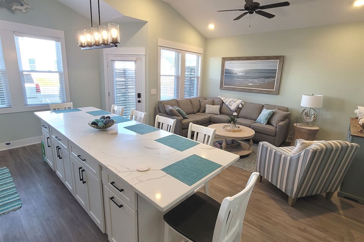 Open living spaces with cathedral ceilings.