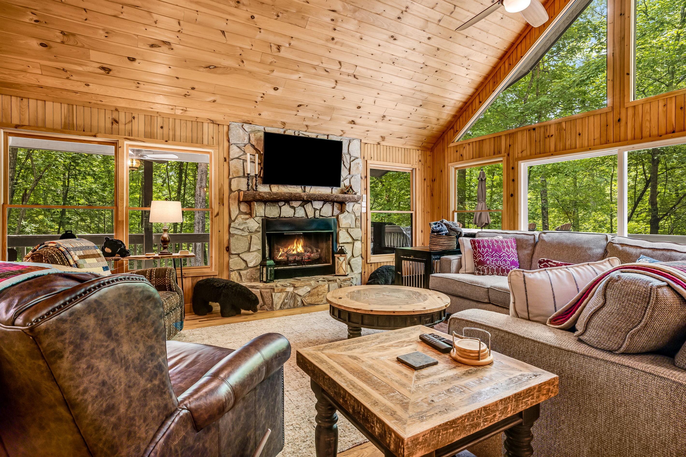 Cozy living room featuring a large gas fireplace