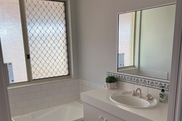 Main bathroom with walk-in shower & separate bath & vanity
