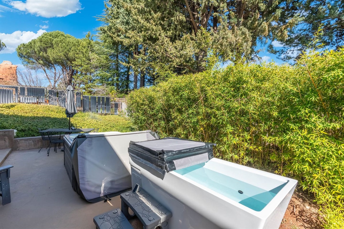 Private patio with hot tub and cold plunge, surrounded by lush bamboo for total relaxation.