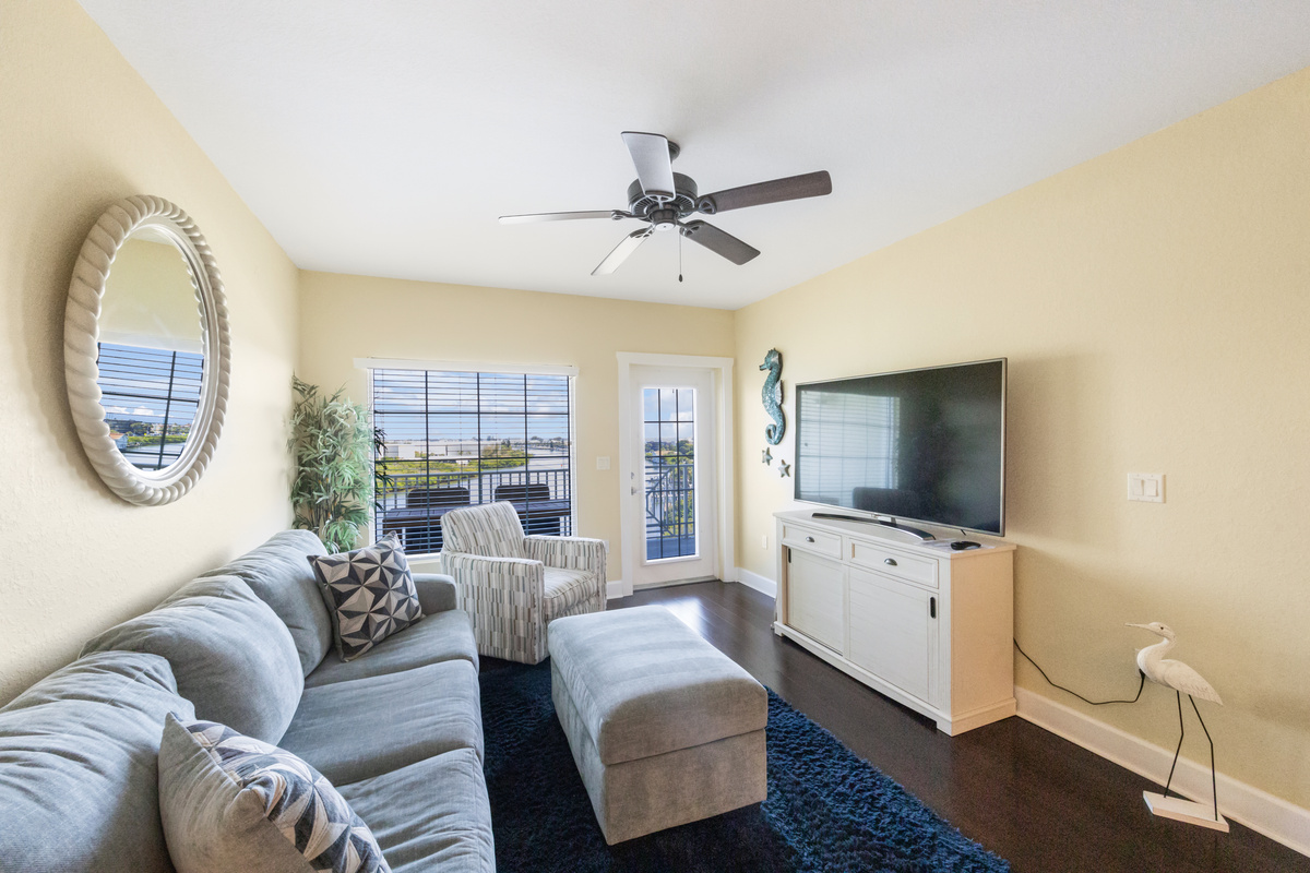 The living room sofa is a Sleeper Sofa and leads to the private balcony, which overlooks the Intracoastal Waterway!